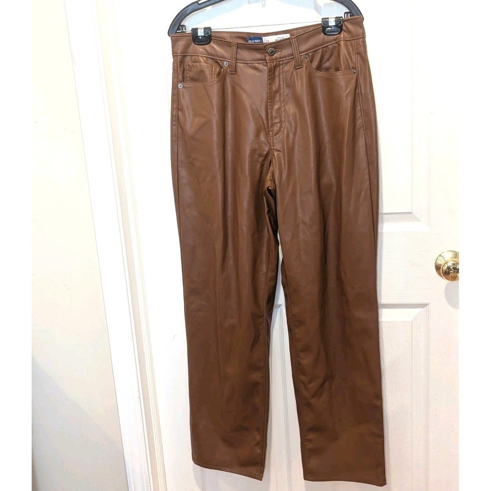 90s Y2K Moto Faux Leather Pants Brown High Rise Straight Leg Old Navy 12